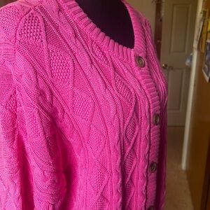 Lands' End Large Bright Pink Cable Knit Button Cardigan!